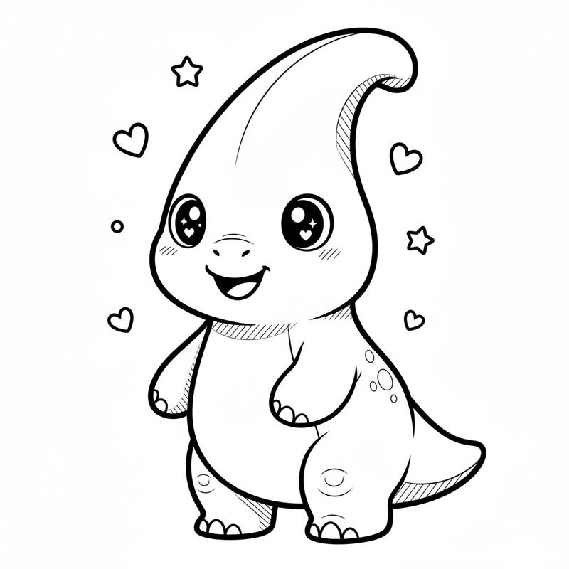 Crest the Parasaurolophus in Kawaii Cute - Black & White Illustration