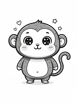 Mango the Cheeky Monkey in Kawaii Cute - Black & White Illustration