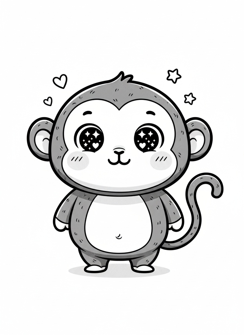 Mango the Cheeky Monkey in Kawaii Cute - Black & White Illustration