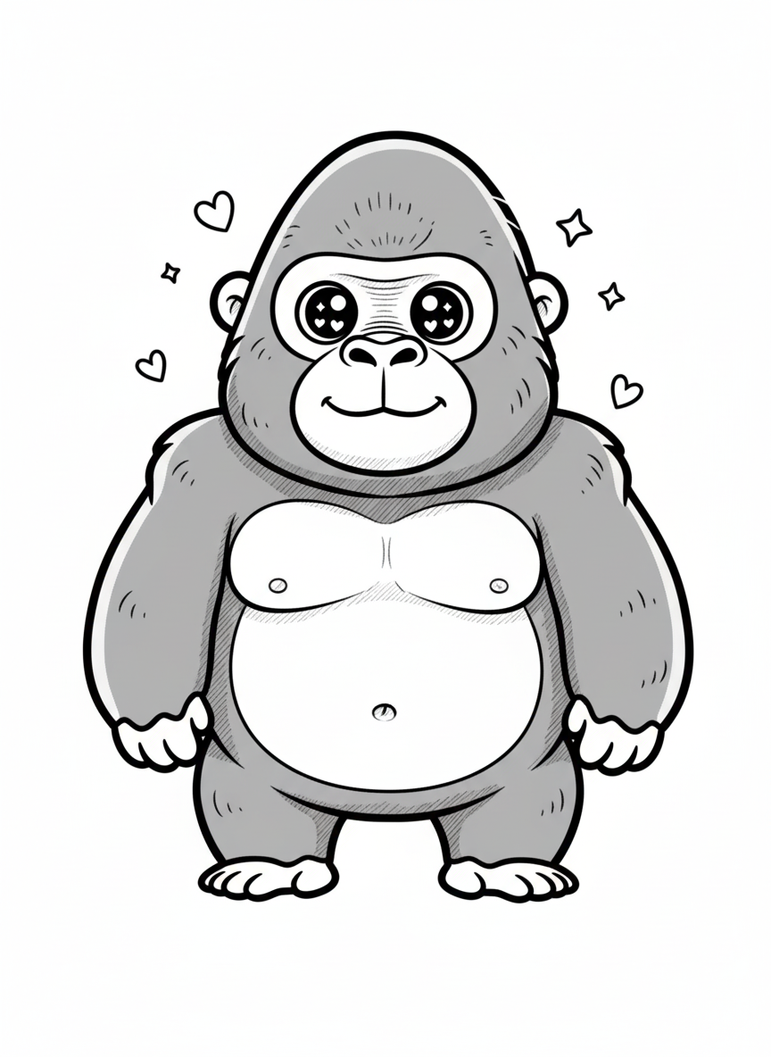 George the Curious Gorilla - Black & White Illustration