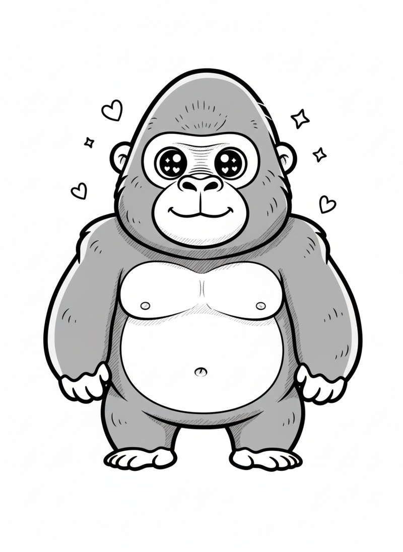 George the Curious Gorilla in Kawaii Cute - Black & White Illustration