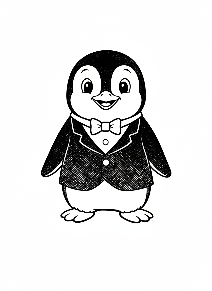 Waddle the Penguin - Black & White Illustration
