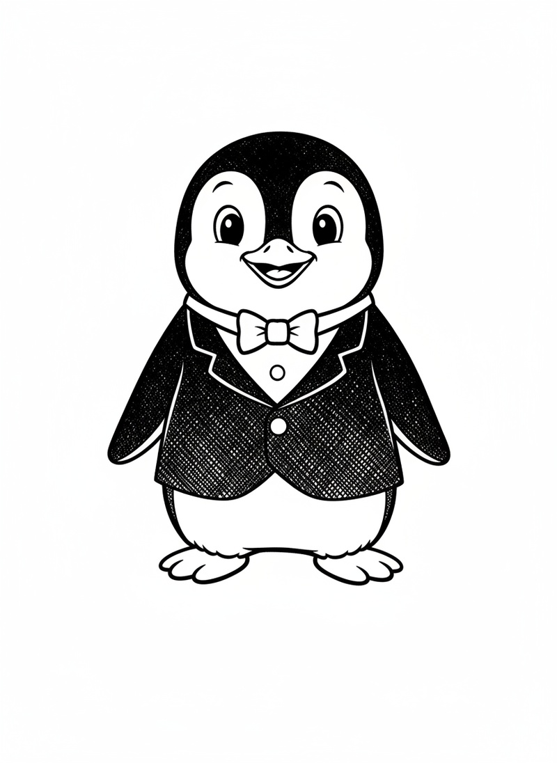 Waddle the Penguin in Classic Coloring Book - Black & White Illustration