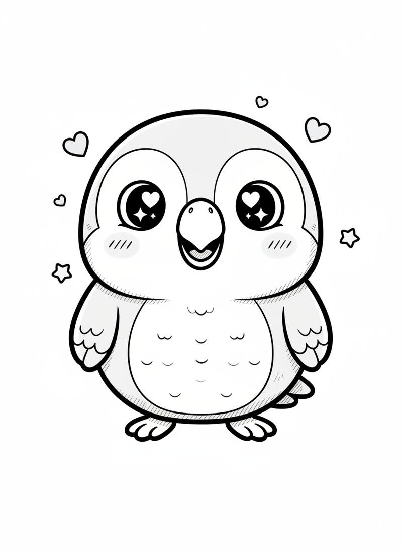 Chatter the Parrot in Kawaii Cute - Black & White Illustration