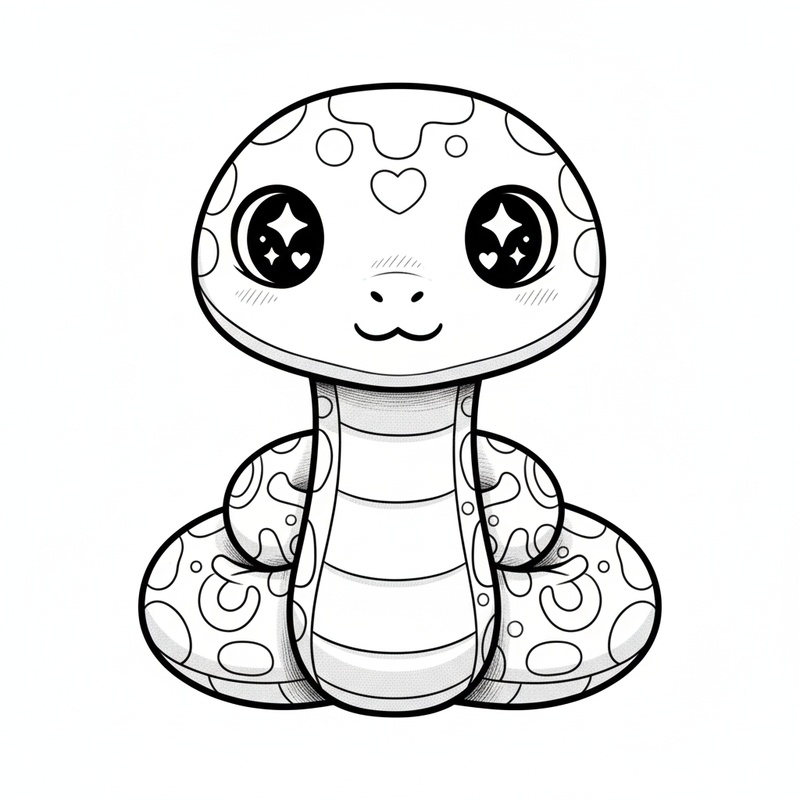 Slither the Python in Kawaii Cute - Black & White Illustration
