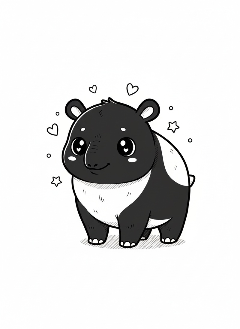 Trunk the Tapir in Kawaii Cute - Black & White Illustration