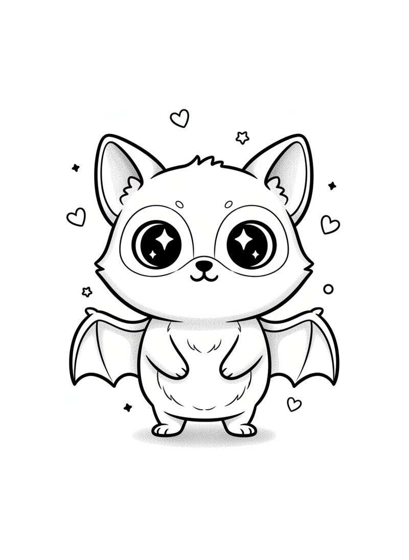 Glide the Flying Fox Bat in Kawaii Cute - Black & White Illustration