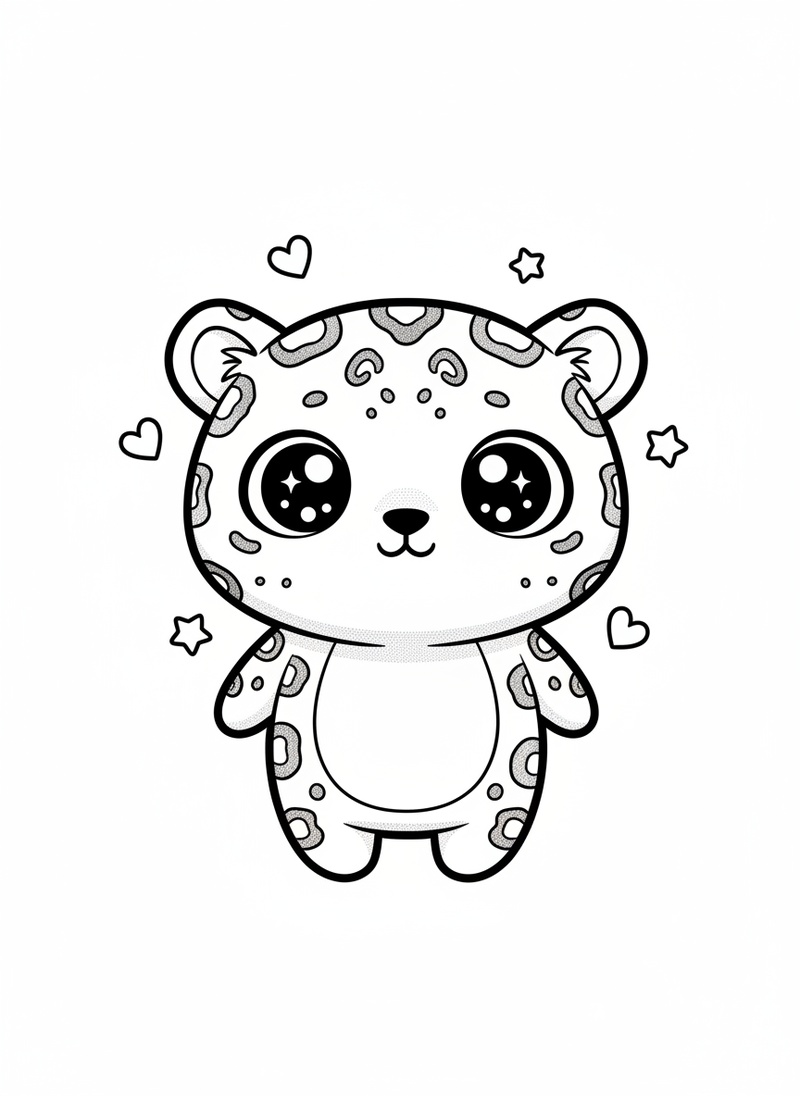 Pounce the Jaguar in Kawaii Cute - Black & White Illustration