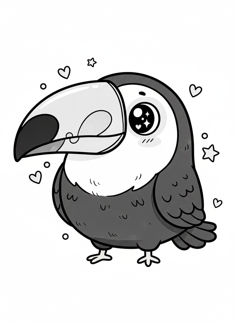 Flutter the Toucan in Kawaii Cute - Black & White Illustration