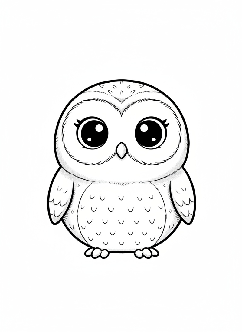 Scout the Wise Owl in Kawaii Cute - Black & White Illustration