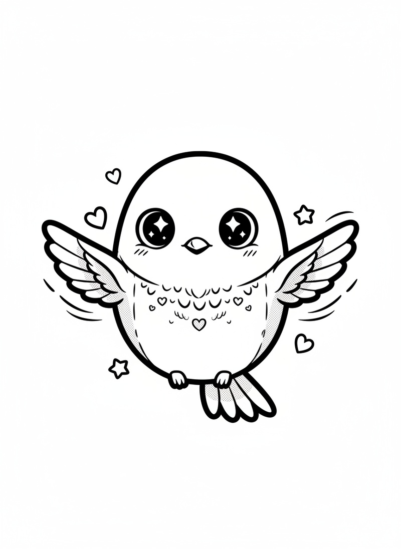 Ruby the Hummingbird in Kawaii Cute - Black & White Illustration