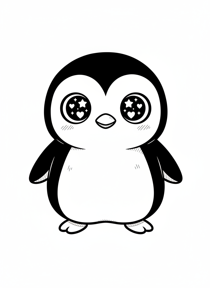 Waddle the Penguin - Black & White Illustration