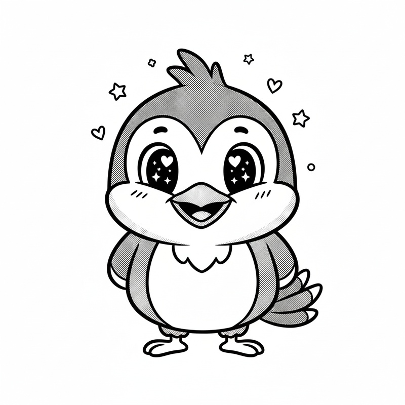 Peck the Woodpecker in Kawaii Cute - Black & White Illustration
