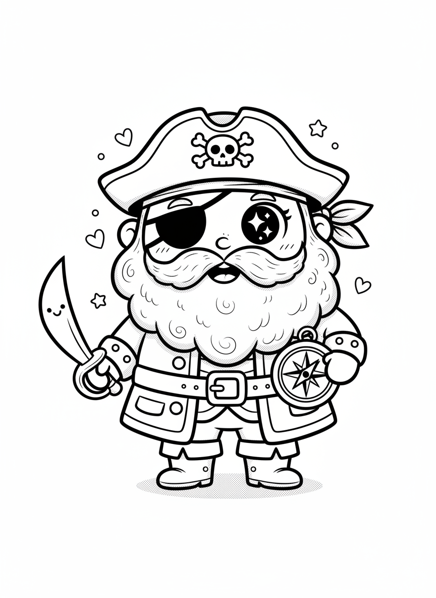 Captain Redbeard the Pirate - Black & White Illustration