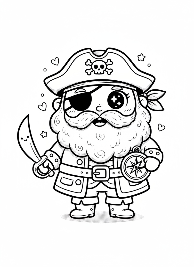 Captain Redbeard the Pirate in Kawaii Cute - Black & White Illustration