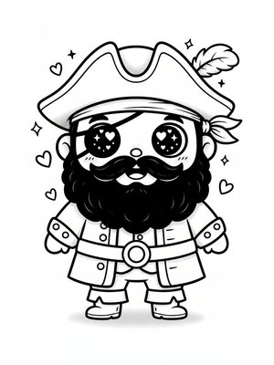 Blackbeard the Villain Pirate in Kawaii Cute - Black & White Illustration