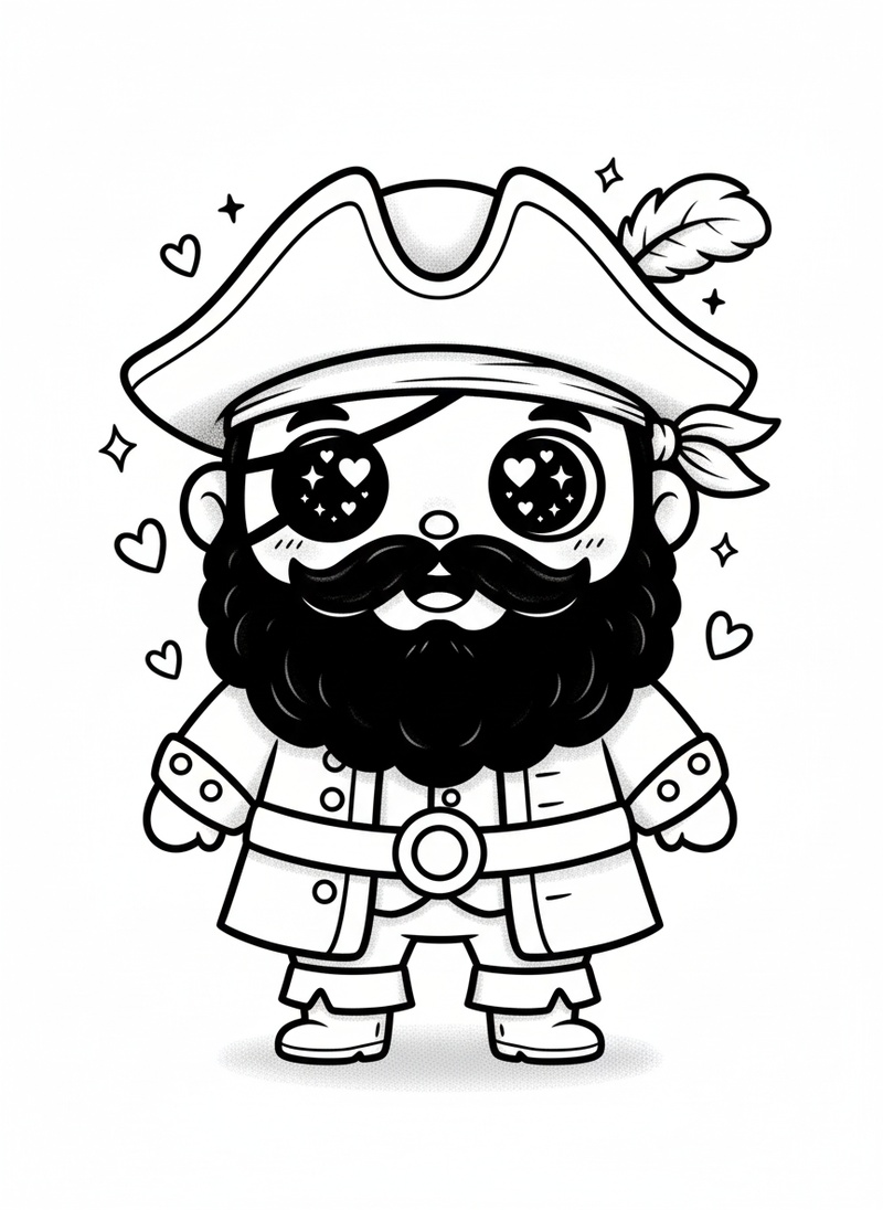 Blackbeard the Villain Pirate in Kawaii Cute - Black & White Illustration