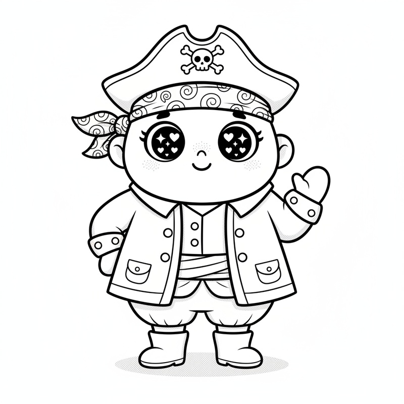 Captain Jolly the Friendly Pirate in Kawaii Cute - Black & White Illustration