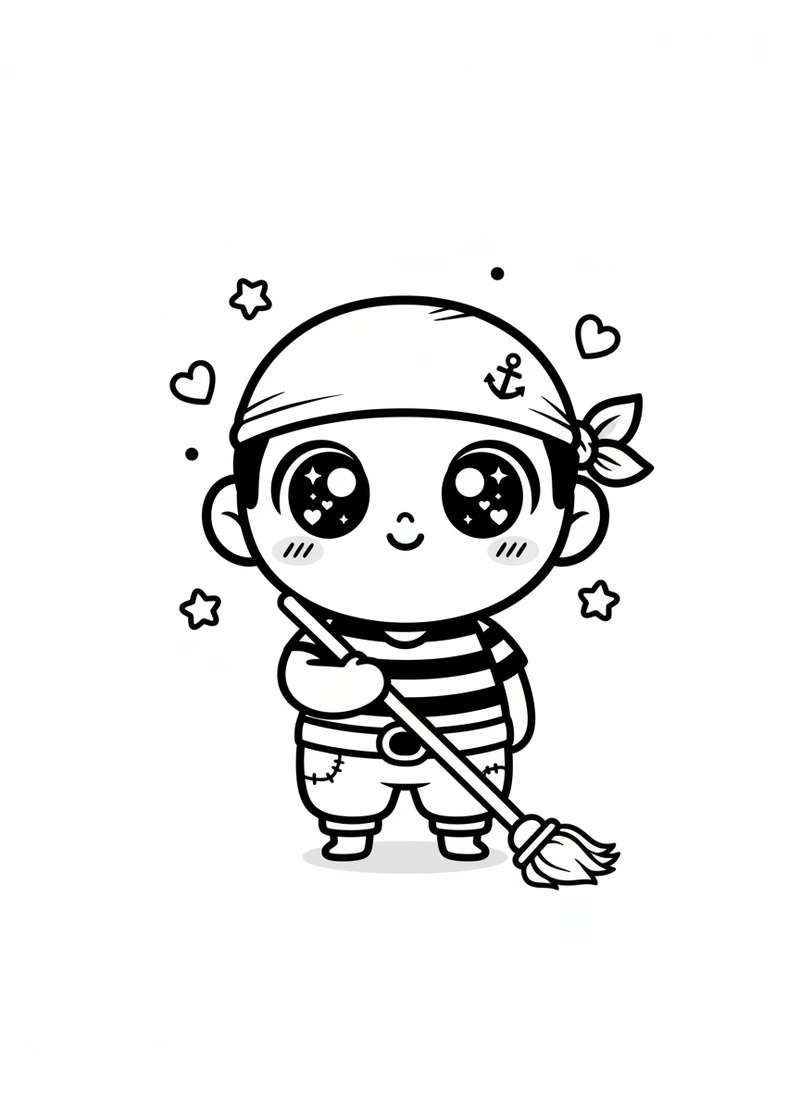 Swabby the Pirate Deckhand in Kawaii Cute - Black & White Illustration