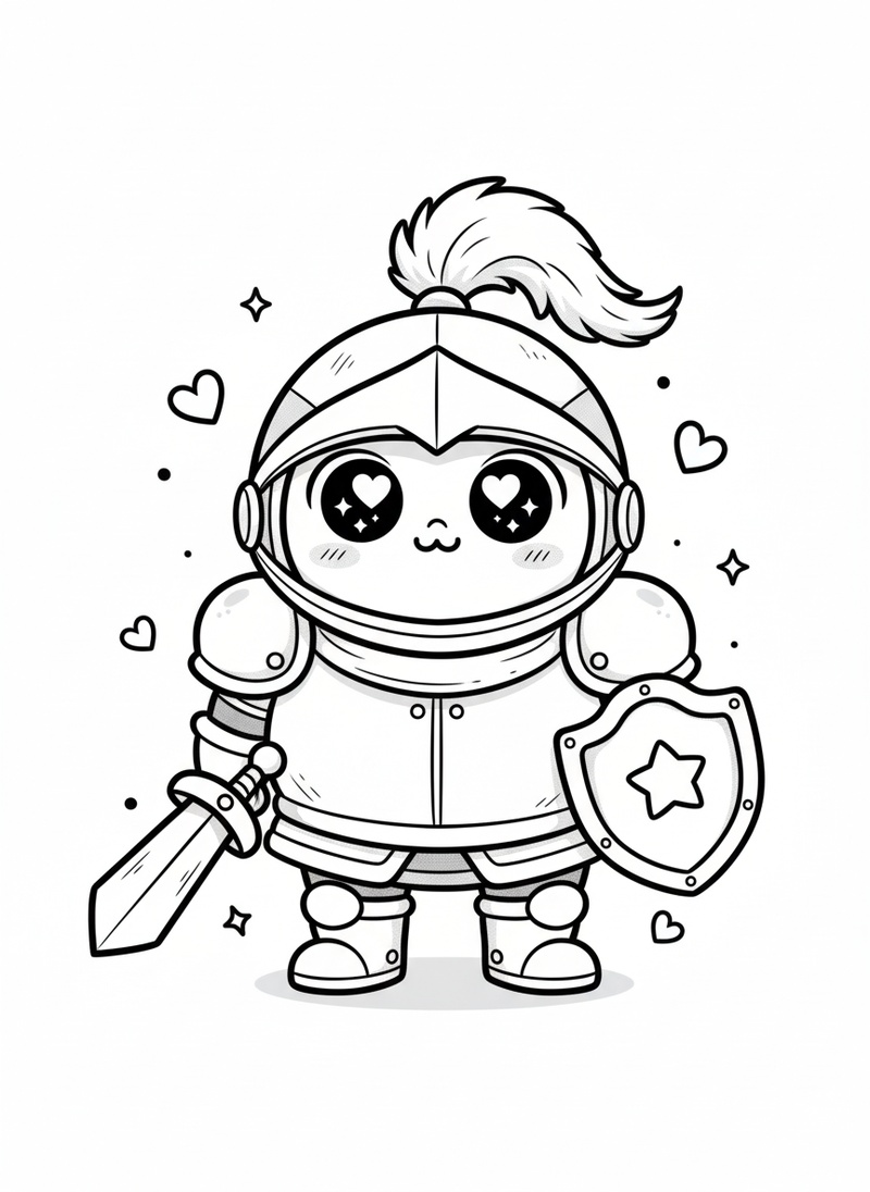 Sir Brave the Noble Knight in Kawaii Cute - Black & White Illustration