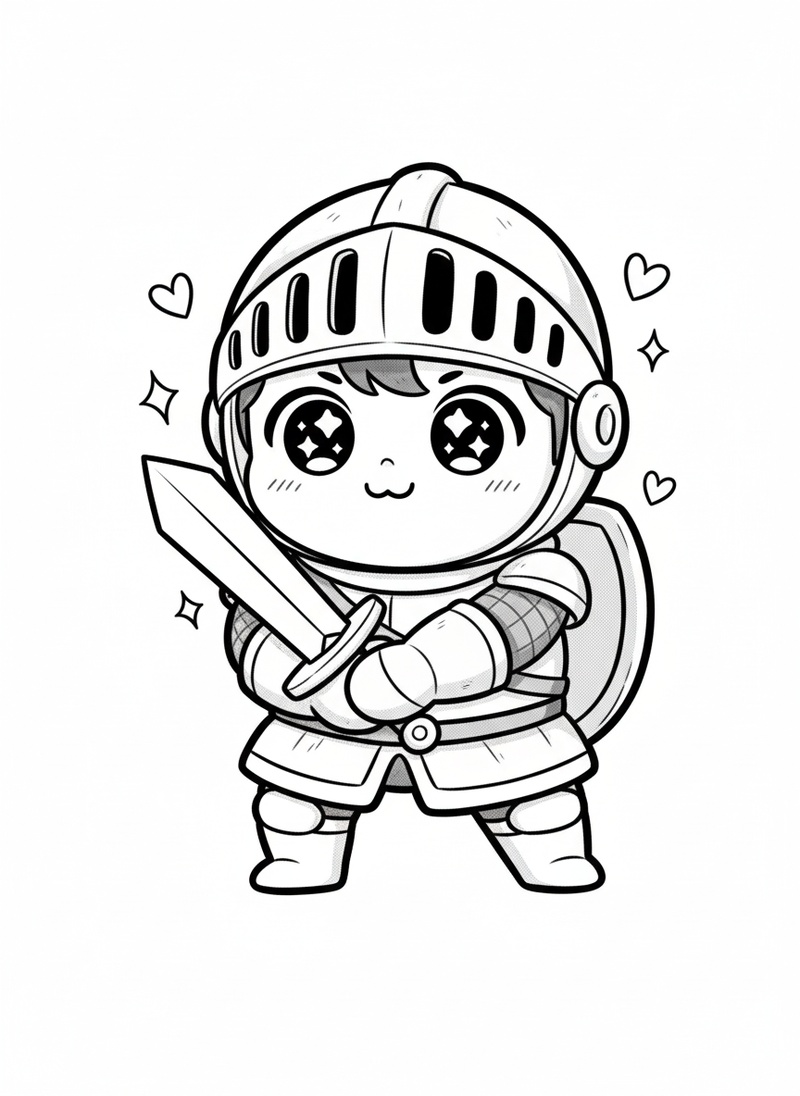 Squire Tom the Knight Trainee in Kawaii Cute - Black & White Illustration