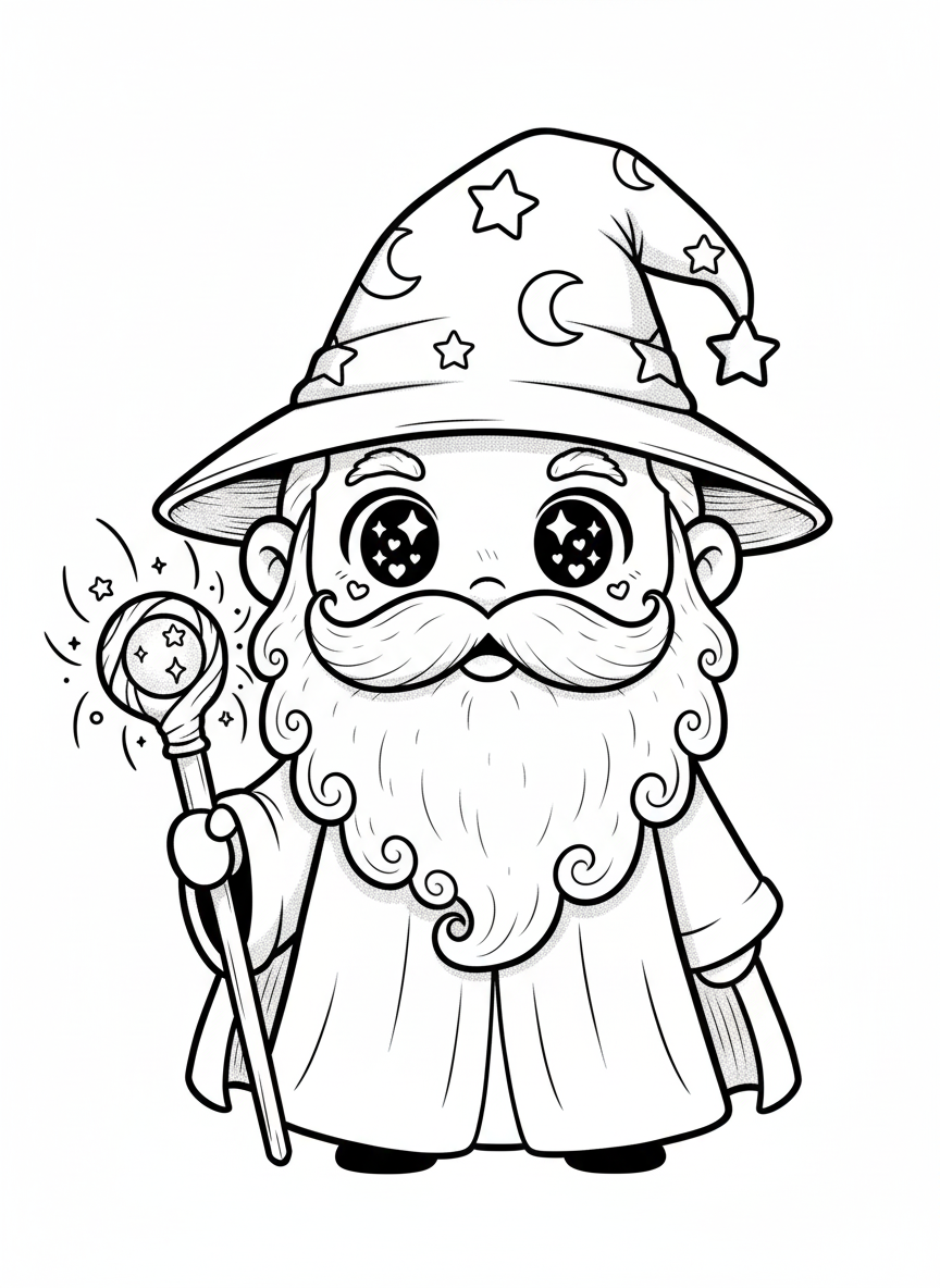 Merlin the Wise Wizard - Black & White Illustration