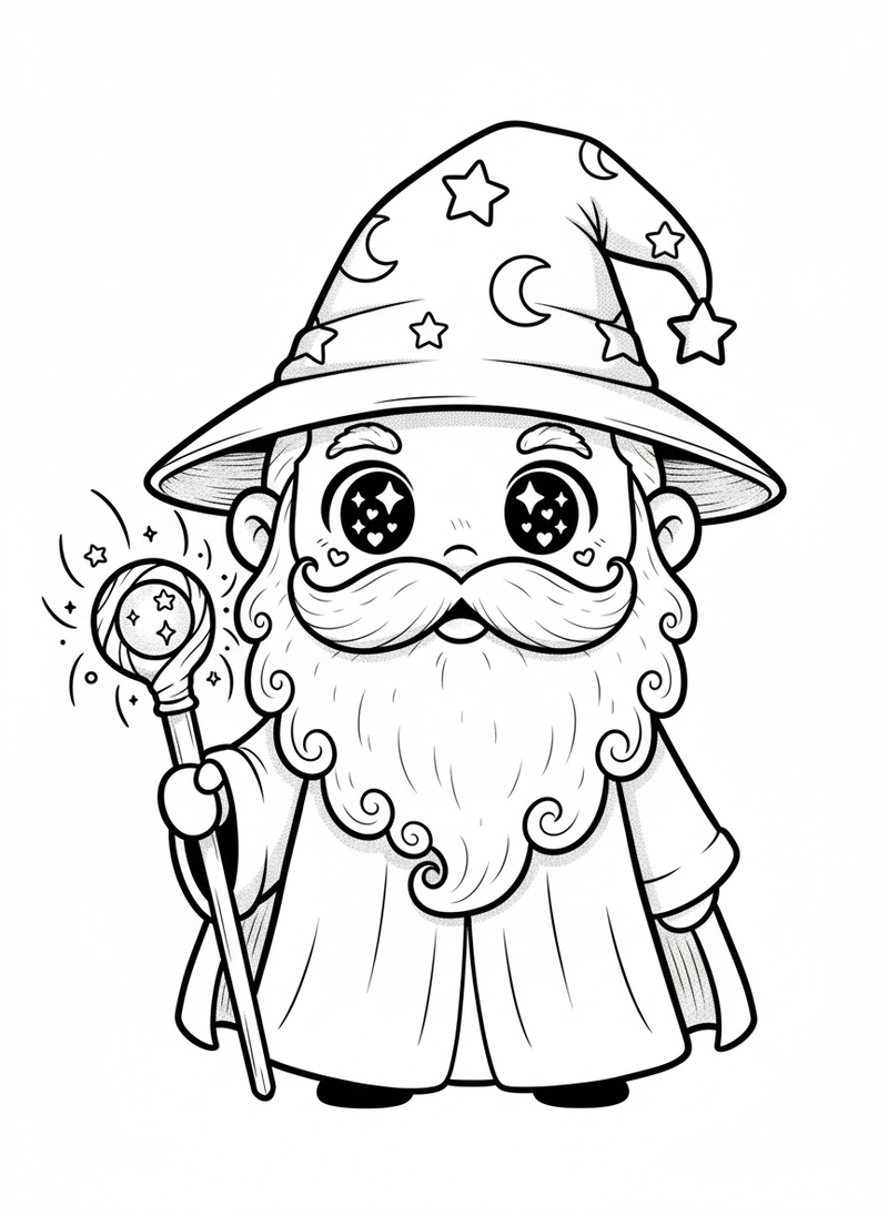 Merlin the Wise Wizard in Kawaii Cute - Black & White Illustration