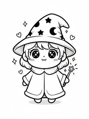 Zara the Young Sorceress in Kawaii Cute - Black & White Illustration
