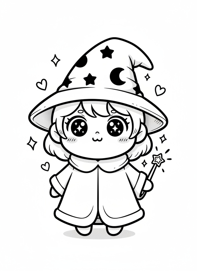 Zara the Young Sorceress in Kawaii Cute - Black & White Illustration