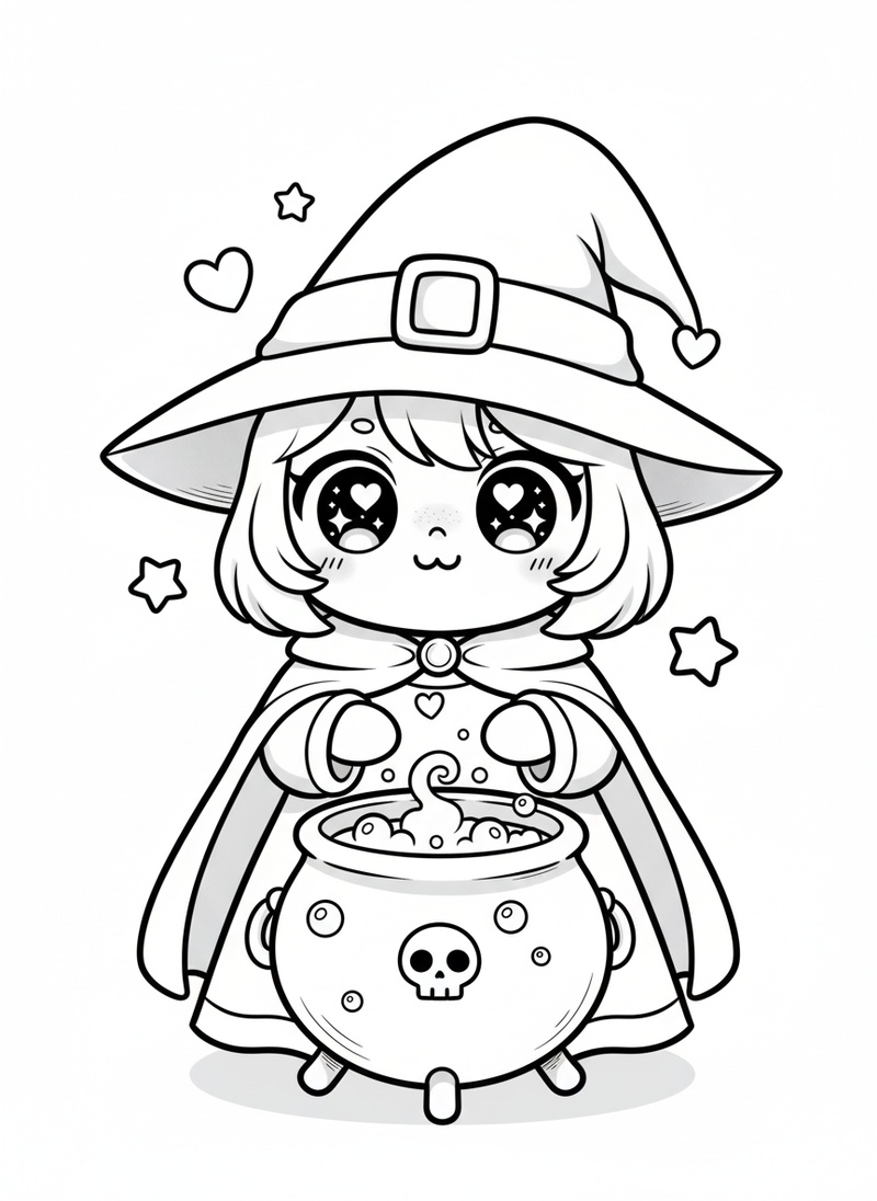 Morgana the Dark Witch in Kawaii Cute - Black & White Illustration