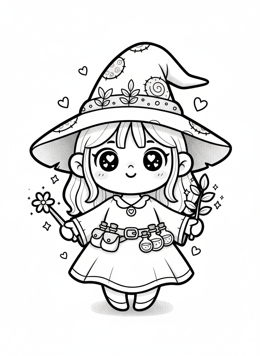 Hazel the Helpful Witch - Black & White Illustration