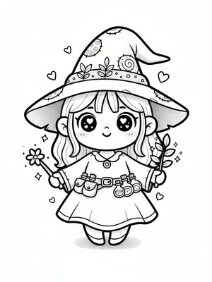 Hazel the Helpful Witch in Kawaii Cute - Black & White Illustration