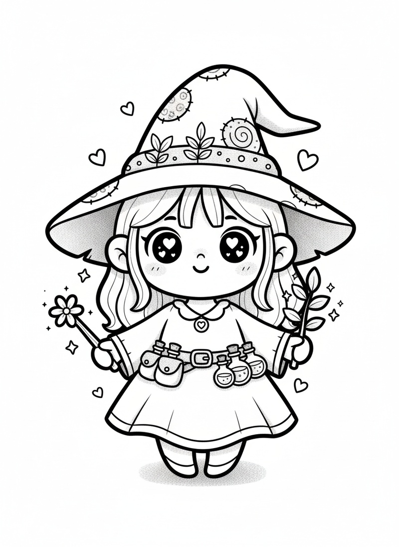 Hazel the Helpful Witch in Kawaii Cute - Black & White Illustration