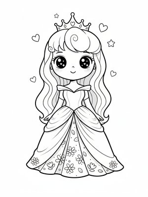 Princess Aurora Royal in Kawaii Cute - Black & White Illustration