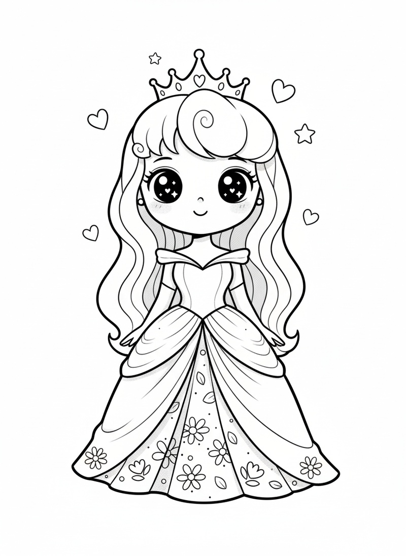 Princess Aurora Royal in Kawaii Cute - Black & White Illustration