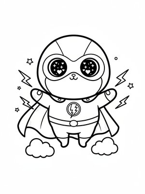 Captain Thunder the Superhero in Kawaii Cute - Black & White Illustration