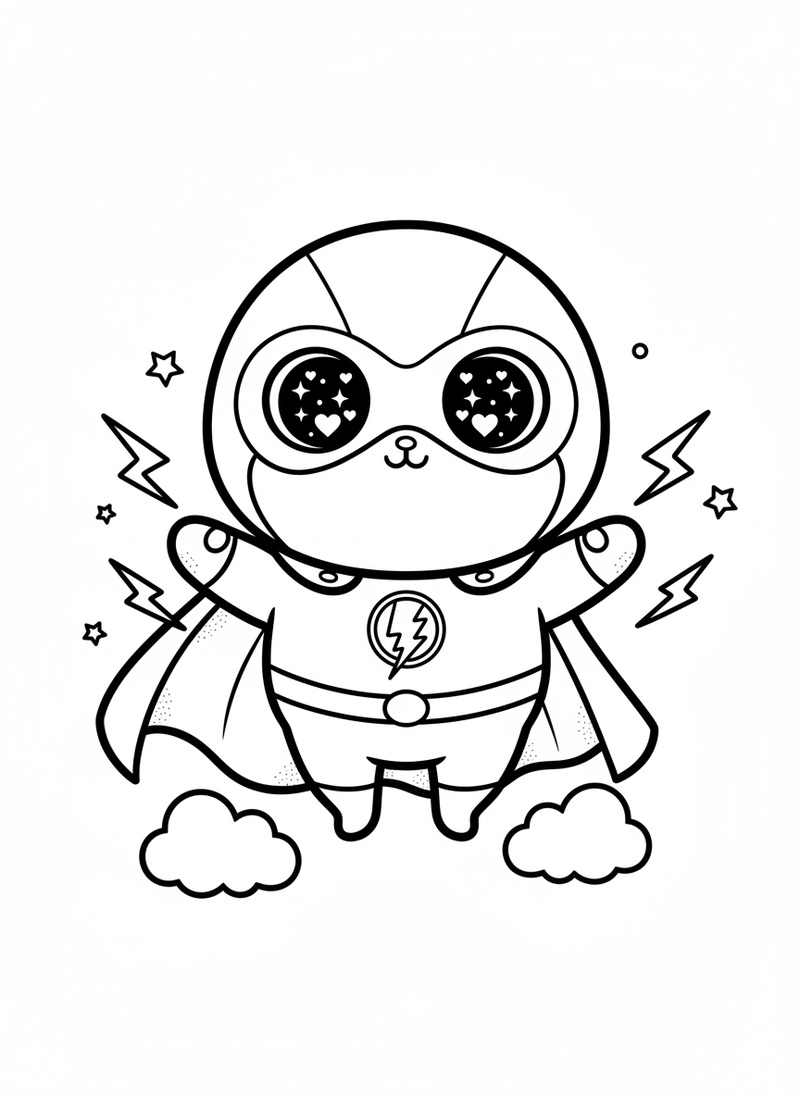 Captain Thunder the Superhero in Kawaii Cute - Black & White Illustration