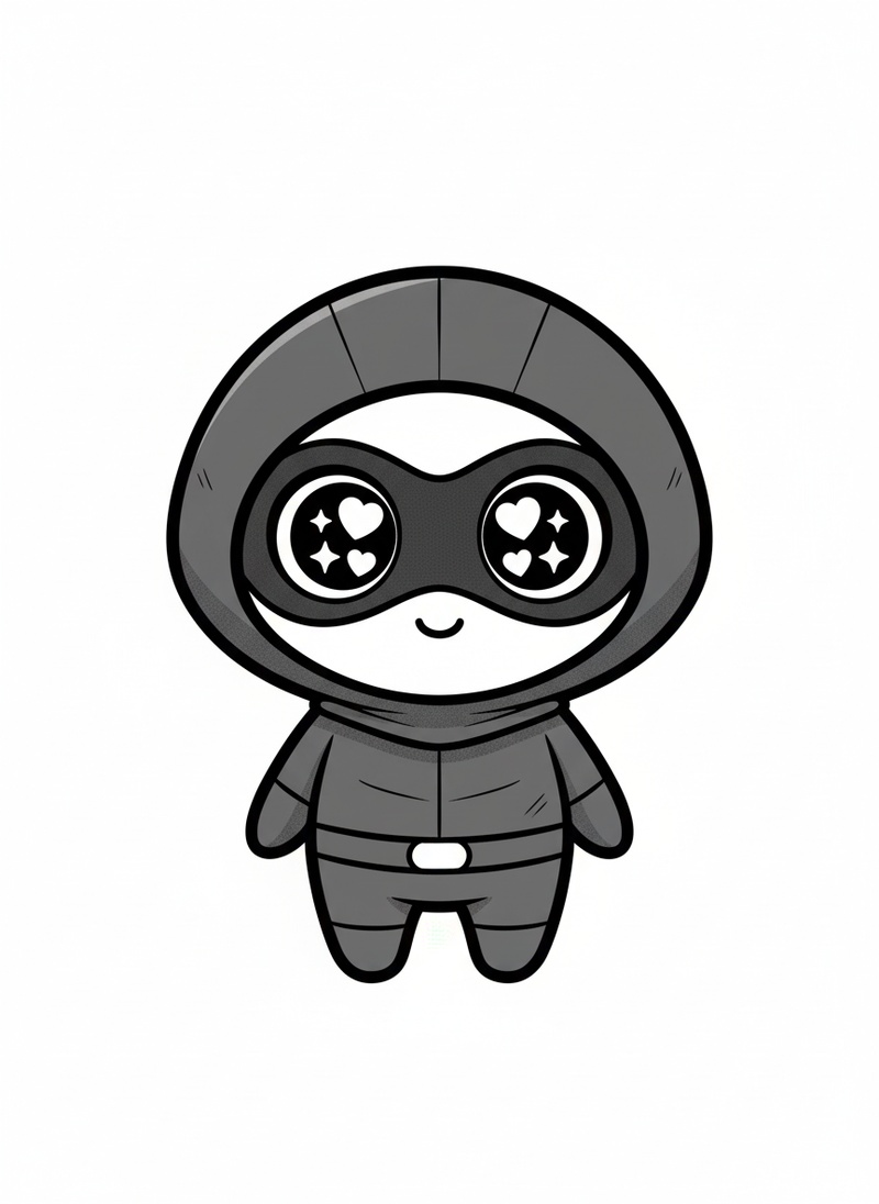 Shadow Strike the Stealth Hero in Kawaii Cute - Black & White Illustration