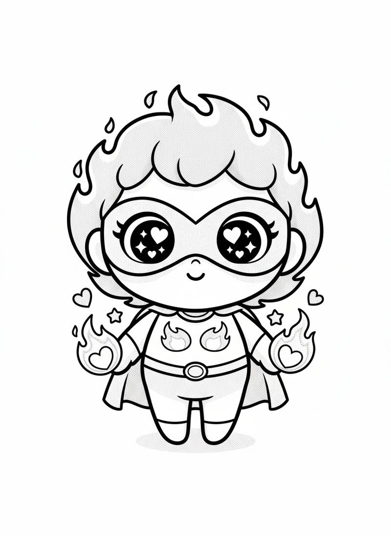 Phoenix Girl the Fire Hero in Kawaii Cute - Black & White Illustration