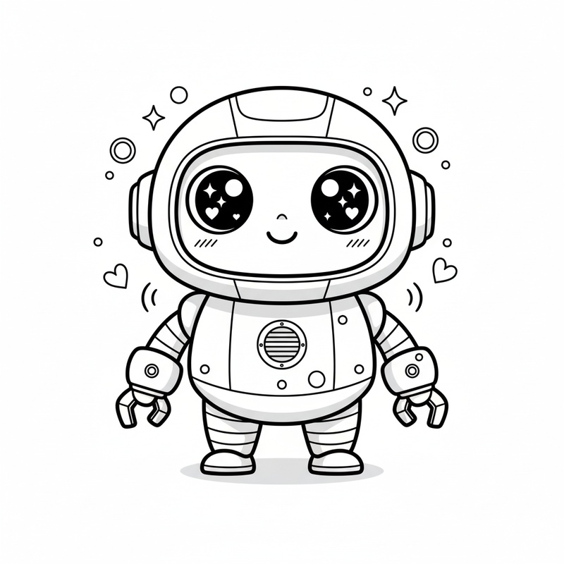 Bolt the Robot Helper in Kawaii Cute - Black & White Illustration