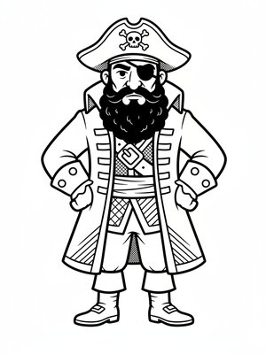 Blackbeard the Villain Pirate in Classic Coloring Book - Black & White Illustration