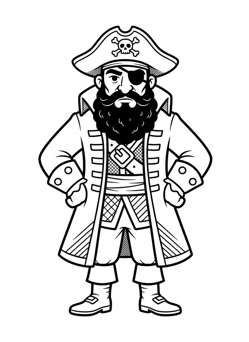Blackbeard the Villain Pirate in Classic Coloring Book - Black & White Illustration