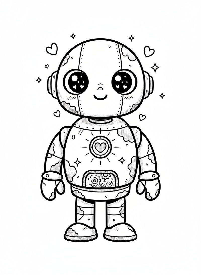 Rust the Old Robot in Kawaii Cute - Black & White Illustration