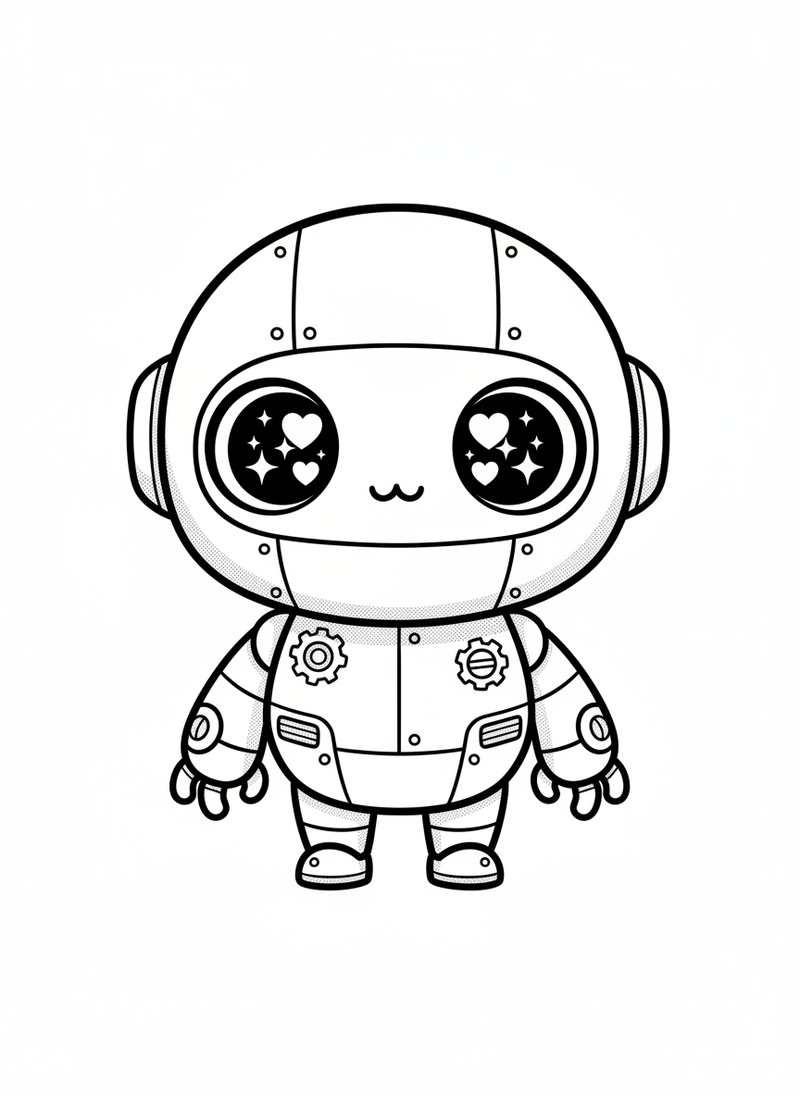 Cyber the Villain Robot in Kawaii Cute - Black & White Illustration