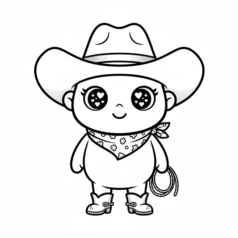 Buck the Cowboy in Kawaii Cute - Black & White Illustration