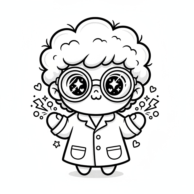 Professor Tesla the Scientist in Kawaii Cute - Black & White Illustration