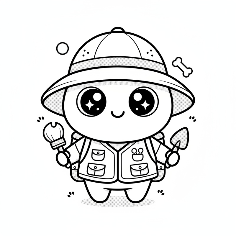 Dr. Bones the Paleontologist in Kawaii Cute - Black & White Illustration