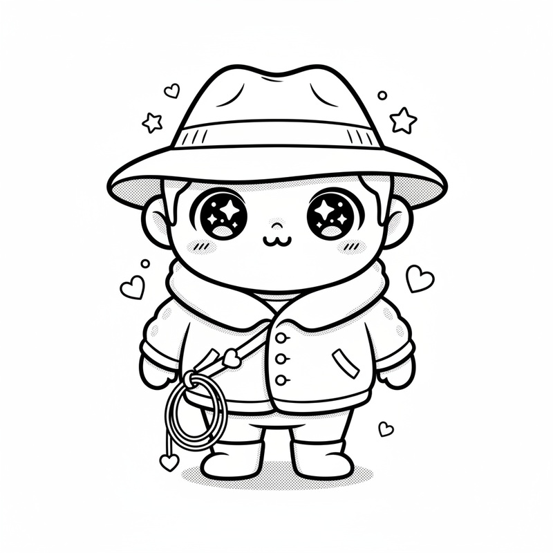 Silas Drake the Archaeologist in Kawaii Cute - Black & White Illustration