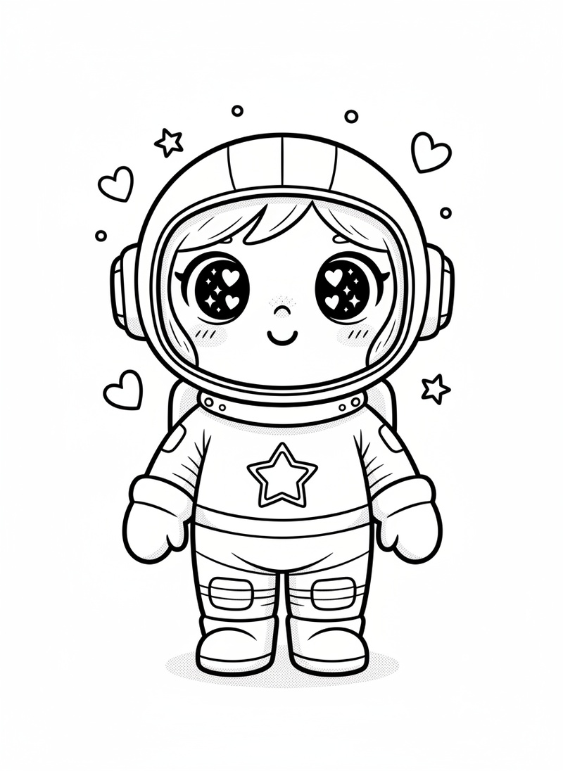 Captain Nova the Astronaut in Kawaii Cute - Black & White Illustration