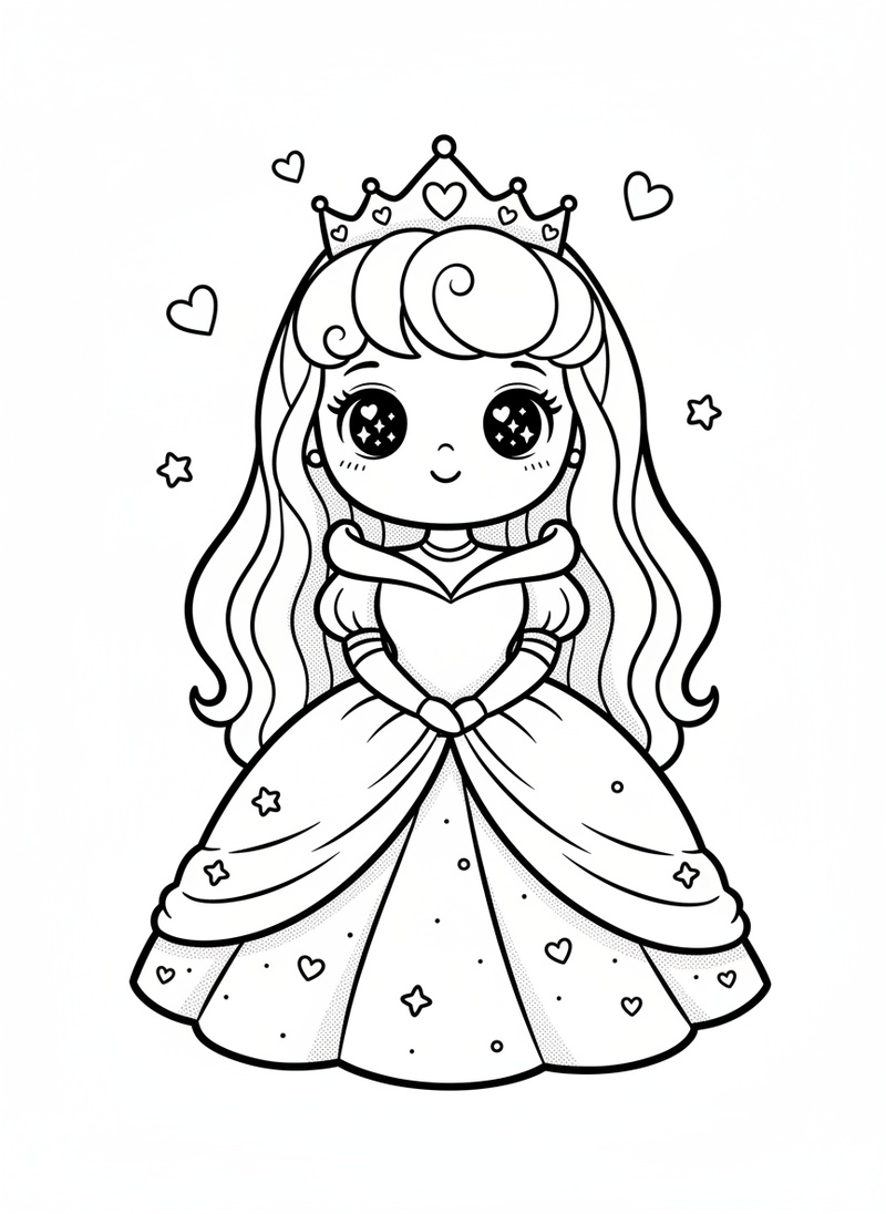 Princess Aurora the Royal in Kawaii Cute - Black & White Illustration